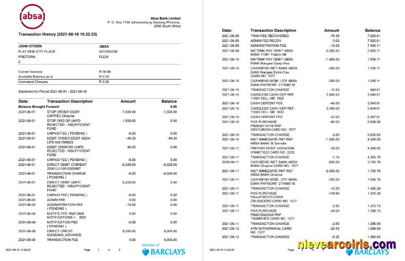 South Africa ABSA bank statement easy to fill in Word and PDF format (9 pages)